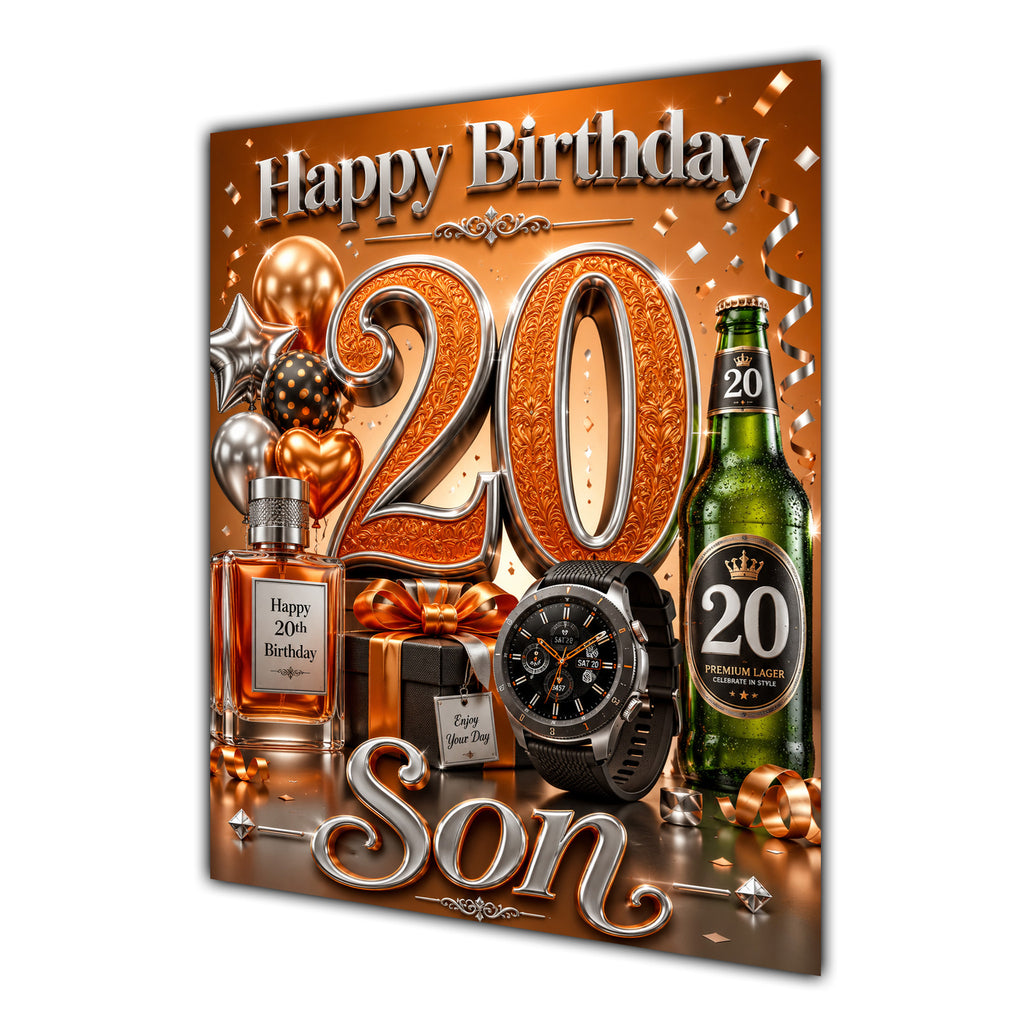 Son 20th Birthday Card - Orange and Silver Number, Watch and Bottles