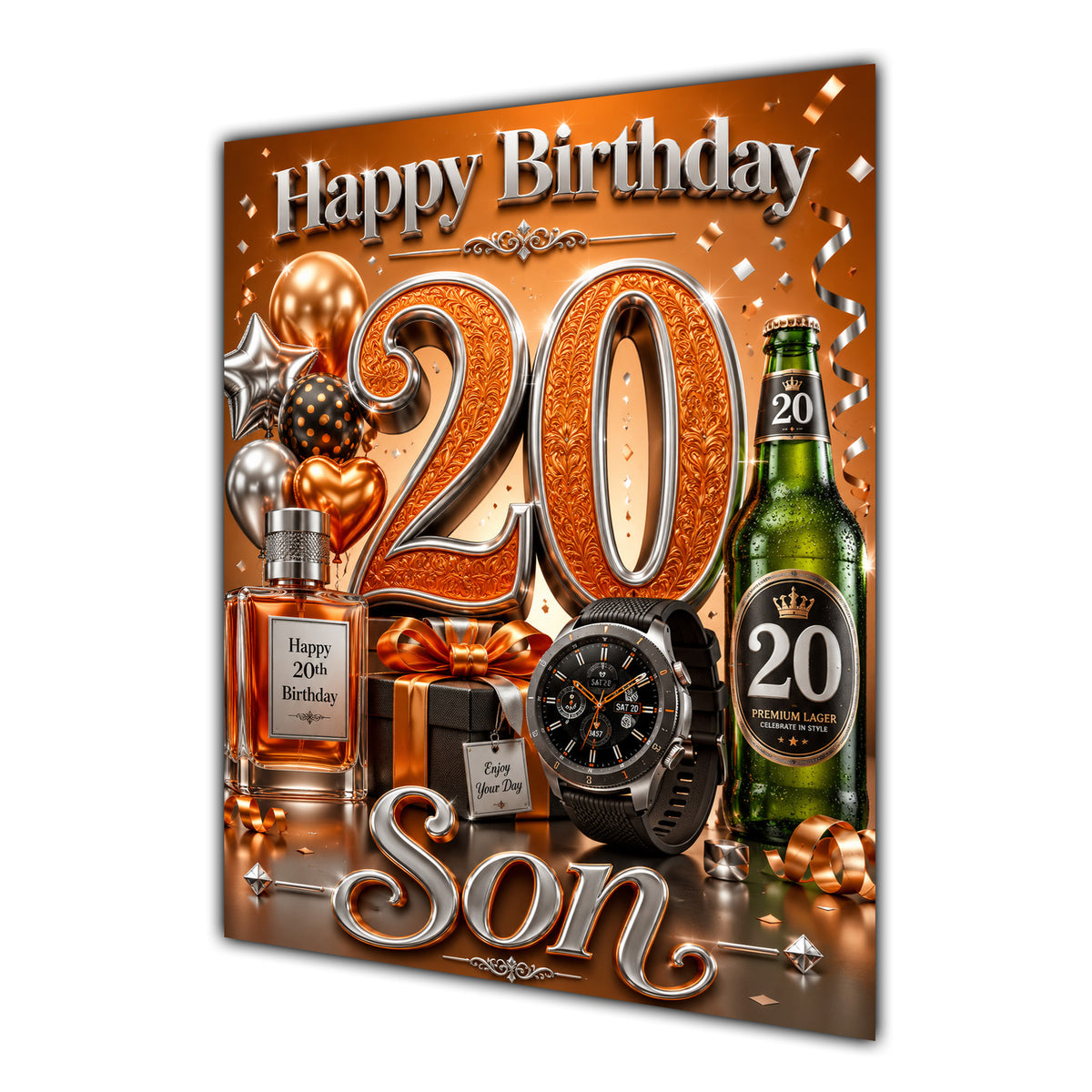 Son 20th Birthday Card - Orange and Silver Number, Watch and Bottles