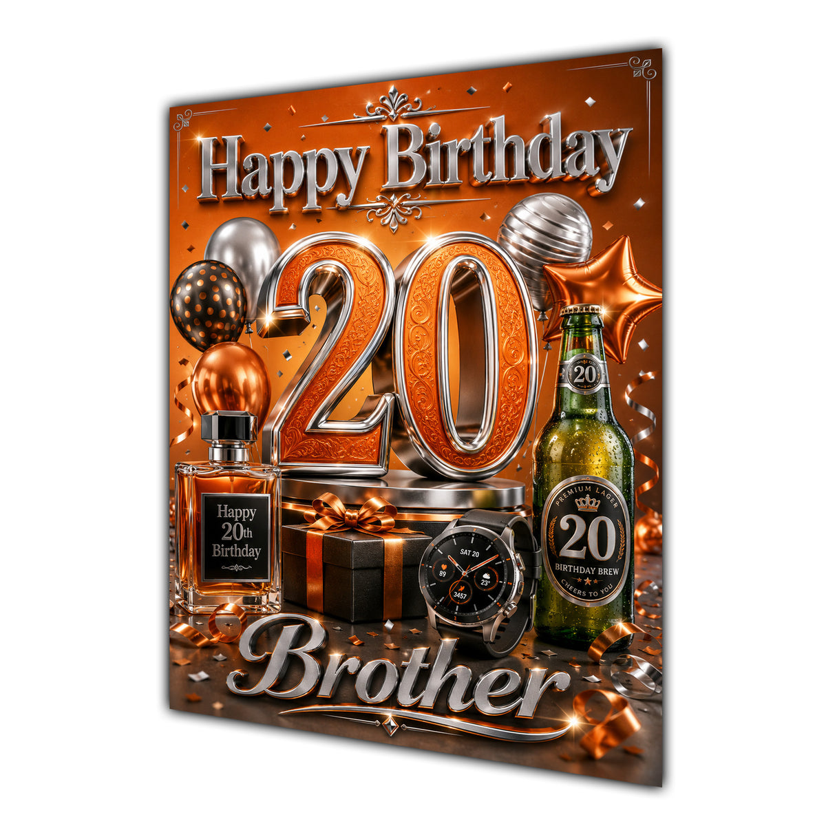 Brother 20th Birthday Card - Orange and Silver Number, Watch and Bottles