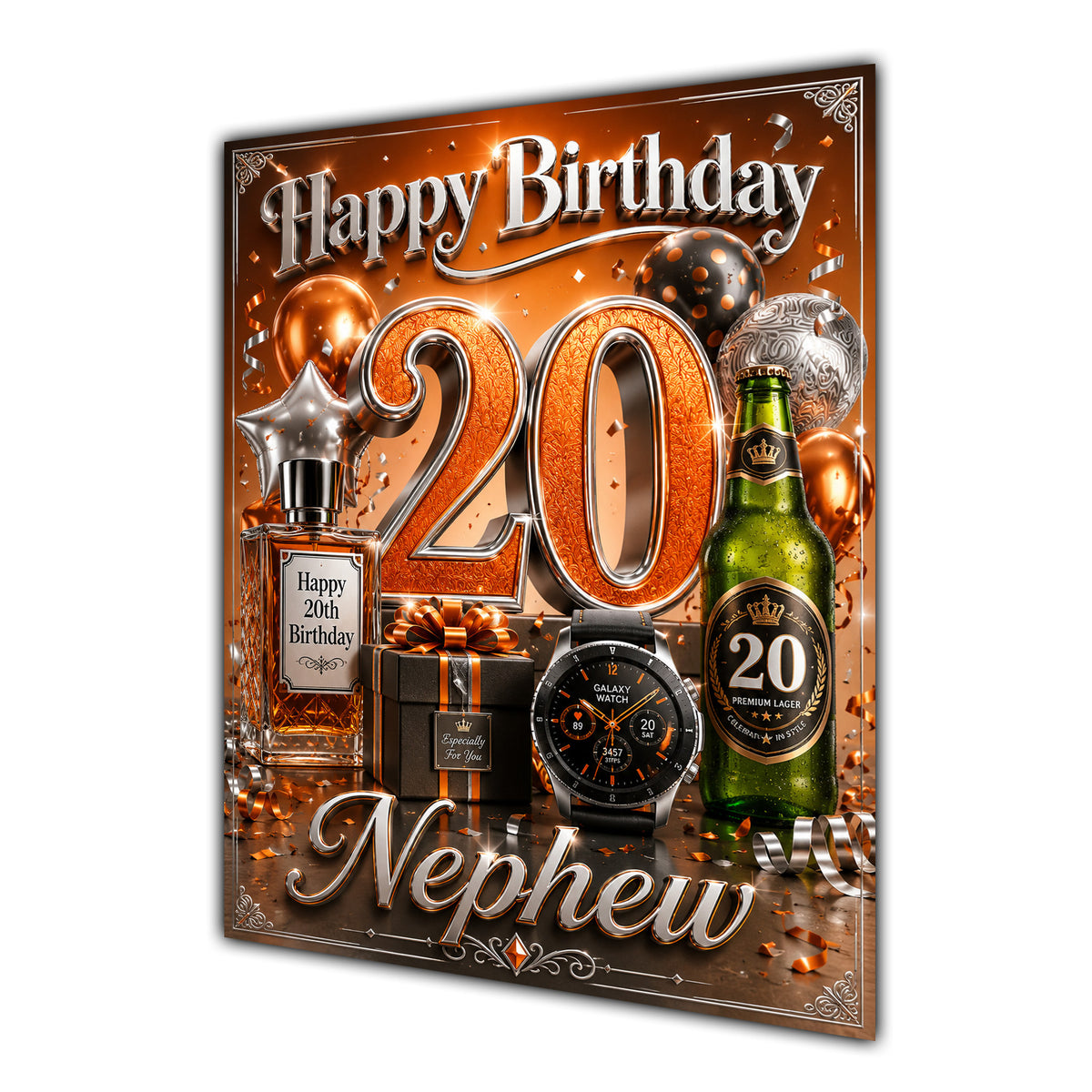 Nephew 20th Birthday Card - Orange and Silver Number, Watch and Bottles