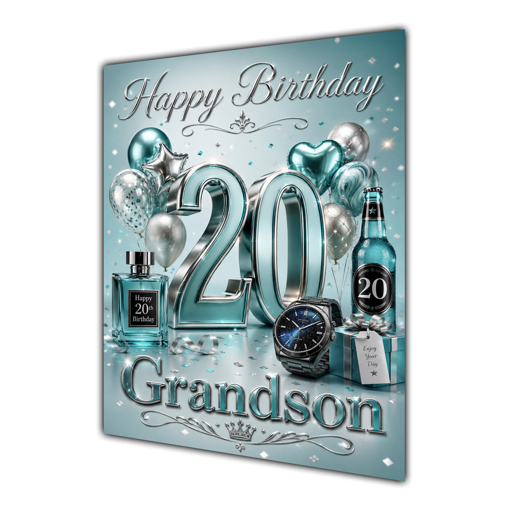 Grandson 20th Birthday Card - Turquoise and Silver Number, Watch and Bottles