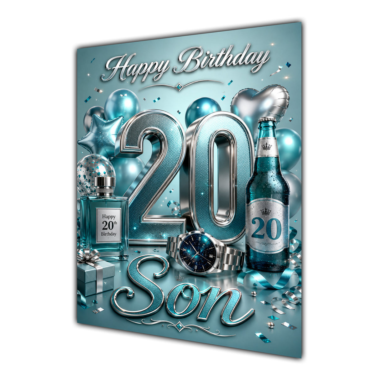 Son 20th Birthday Card - Turquoise and Silver Number, Watch and Bottles