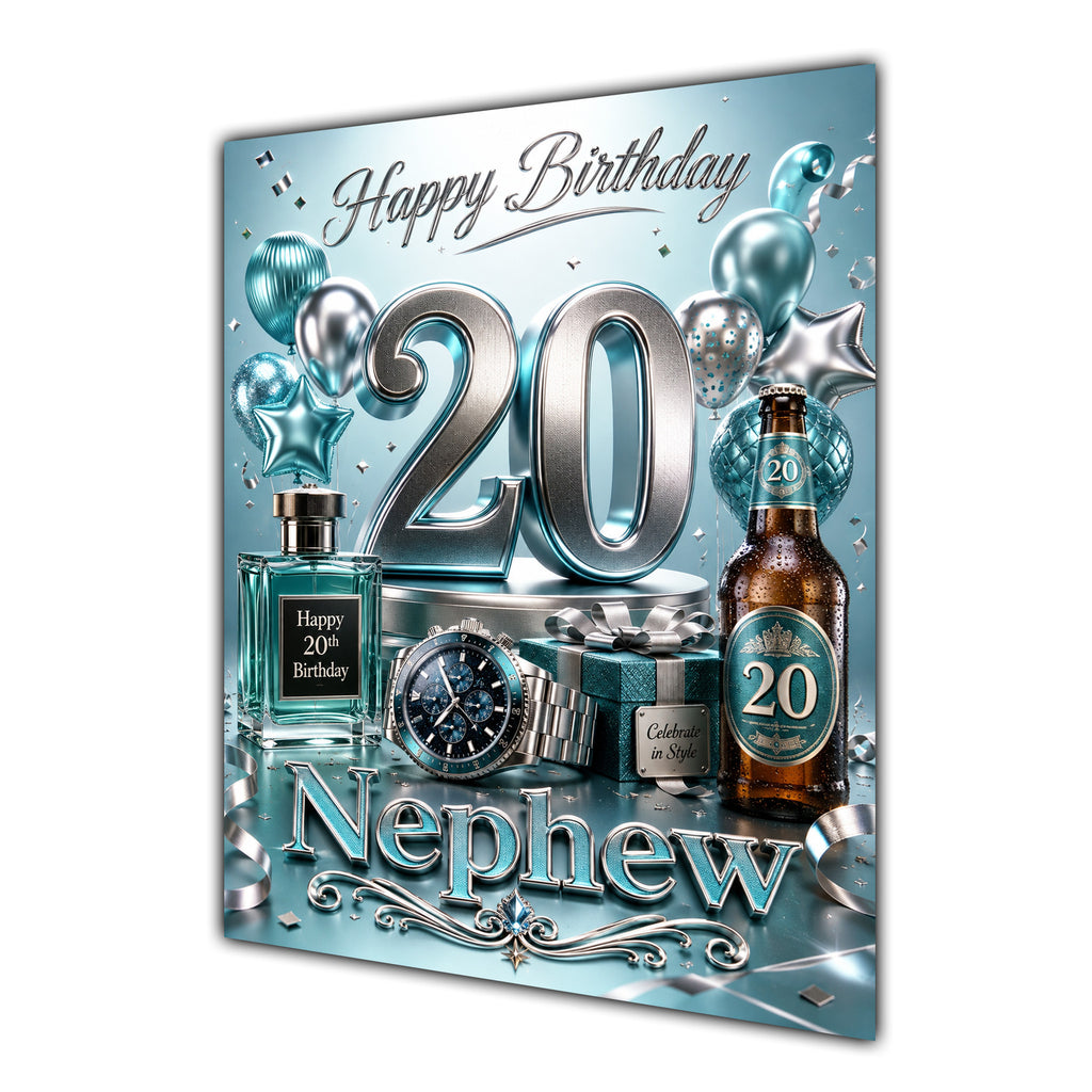 Nephew 20th Birthday Card - Turquoise and Silver Number, Watch and Bottles