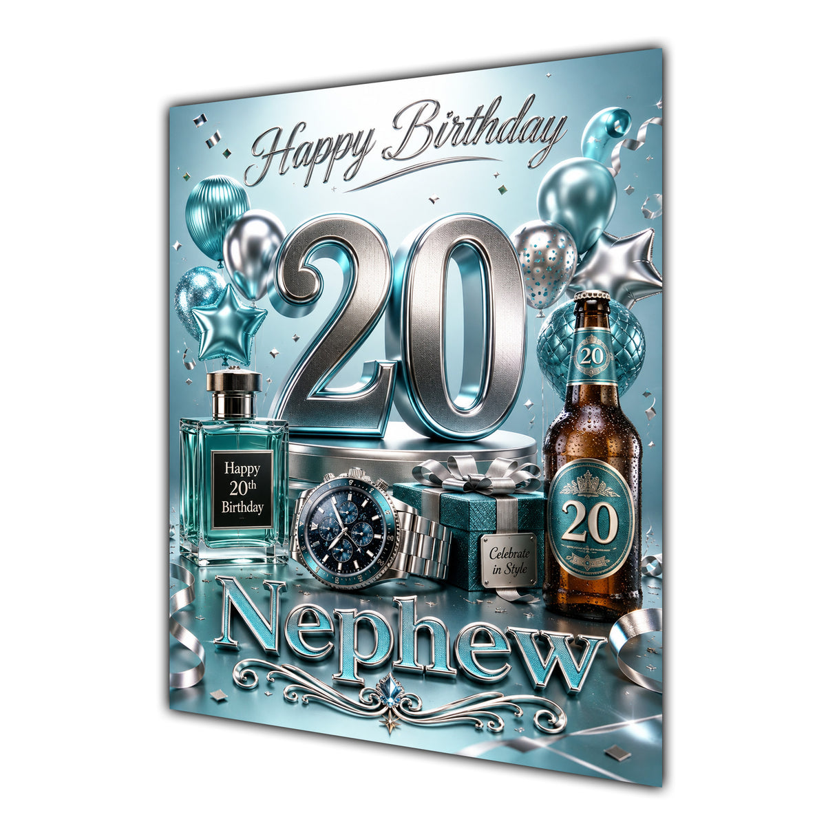 Nephew 20th Birthday Card - Turquoise and Silver Number, Watch and Bottles