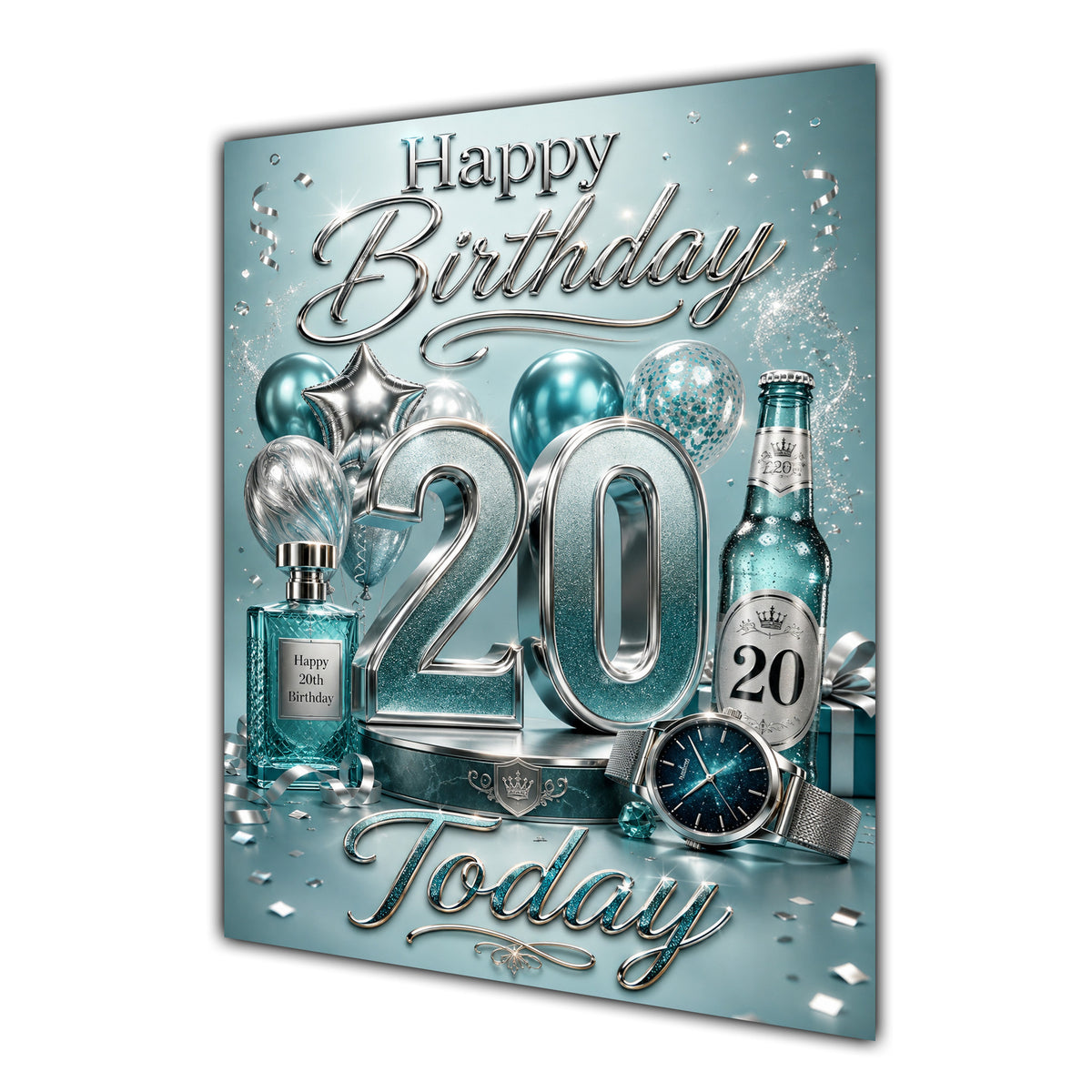 20th Birthday Card - Turquoise and Silver Number, Watch and Bottles
