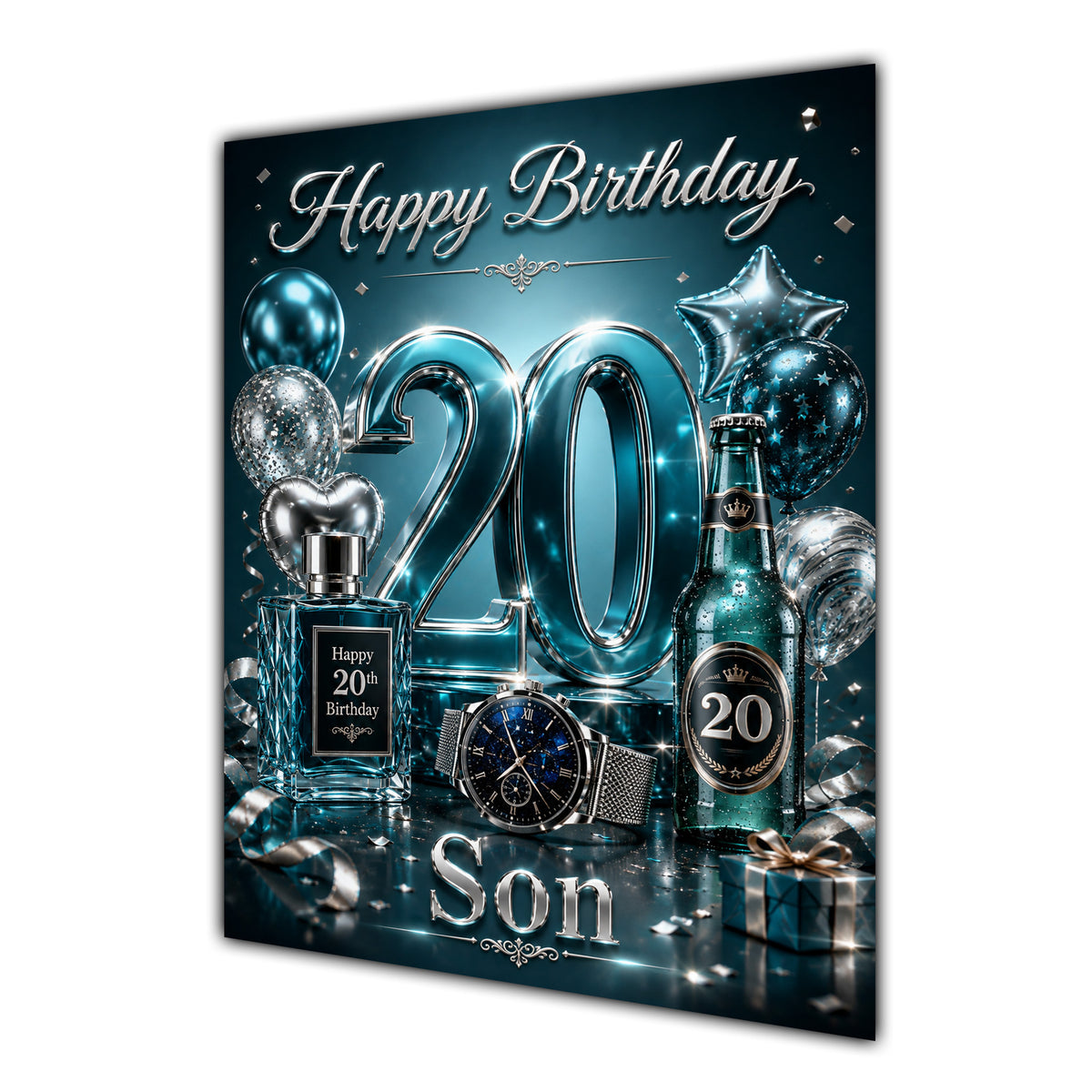 Son 20th Birthday Card - Dark Teal and Silver Number, Watch and Bottles