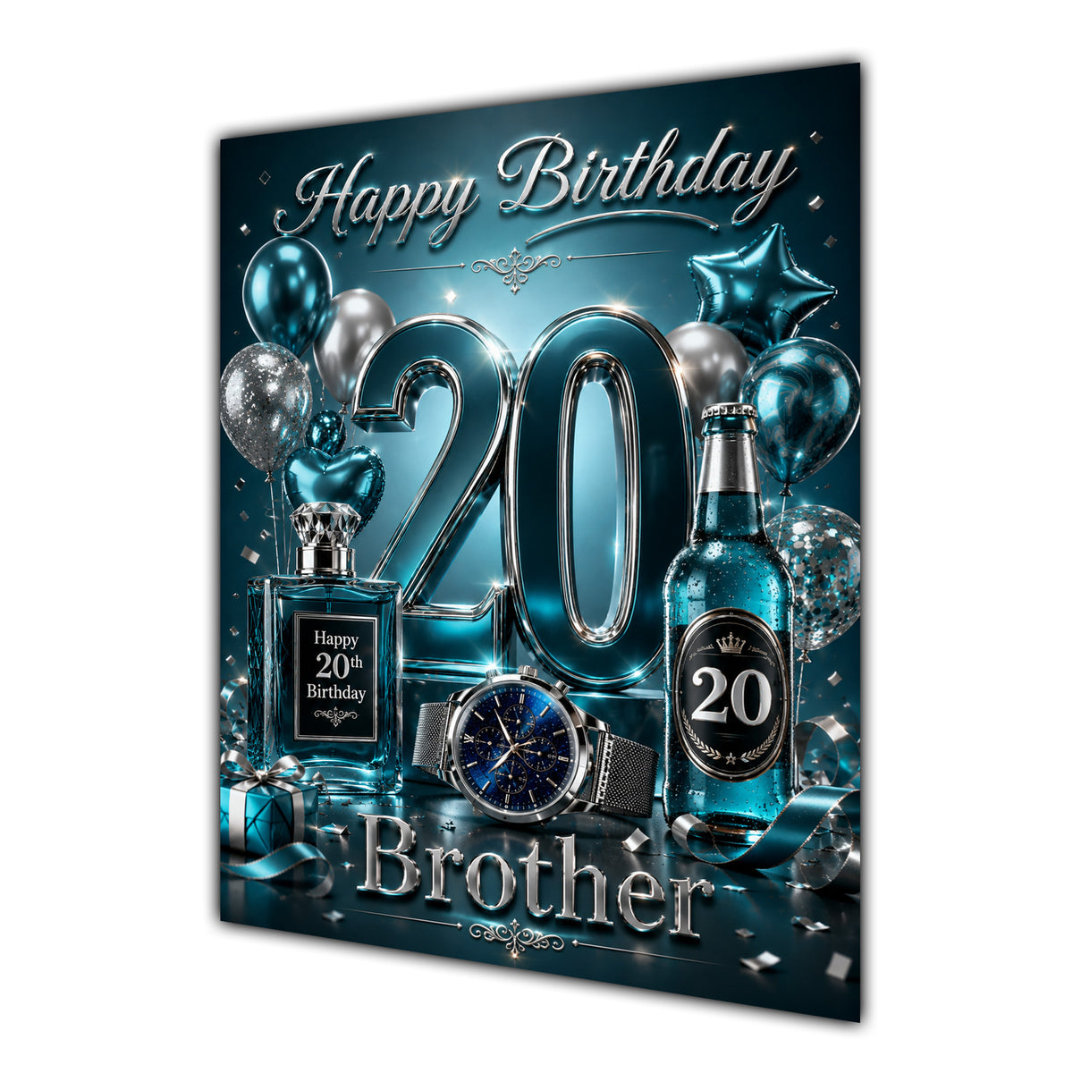 Brother 20th Birthday Card - Dark Teal and Silver Number, Watch and Bottles