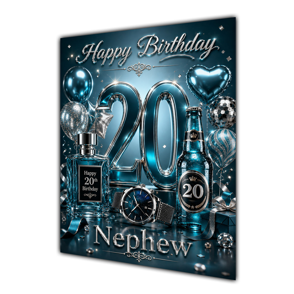 Nephew 20th Birthday Card - Dark Teal and Silver Number, Watch and Bottles
