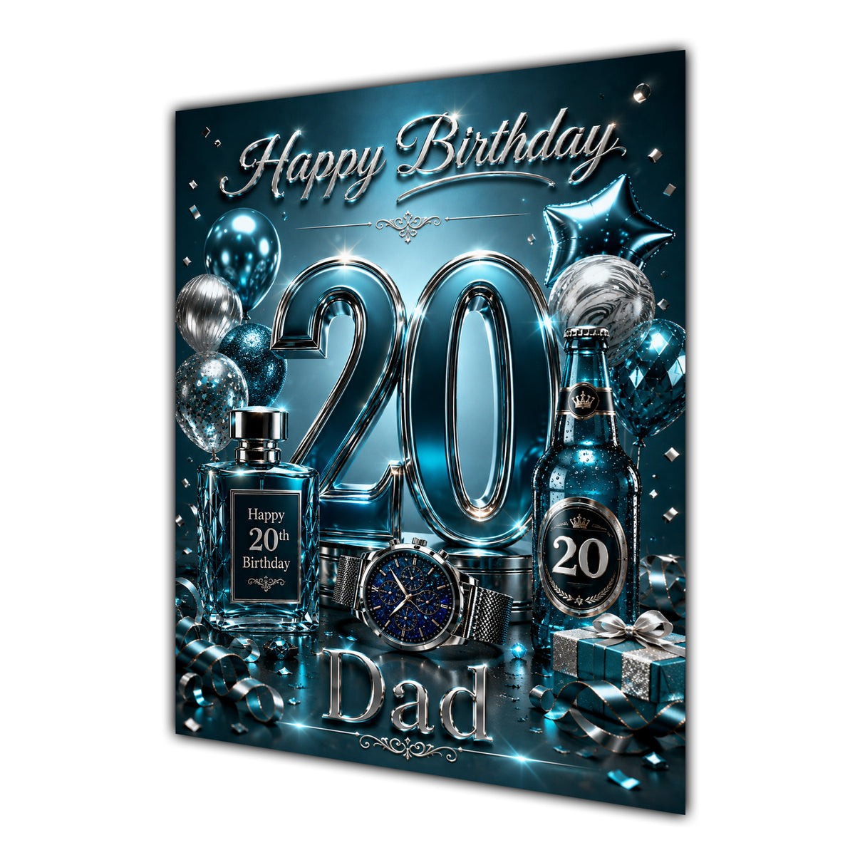 Dad 20th Birthday Card - Dark Teal and Silver Number, Watch and Bottles