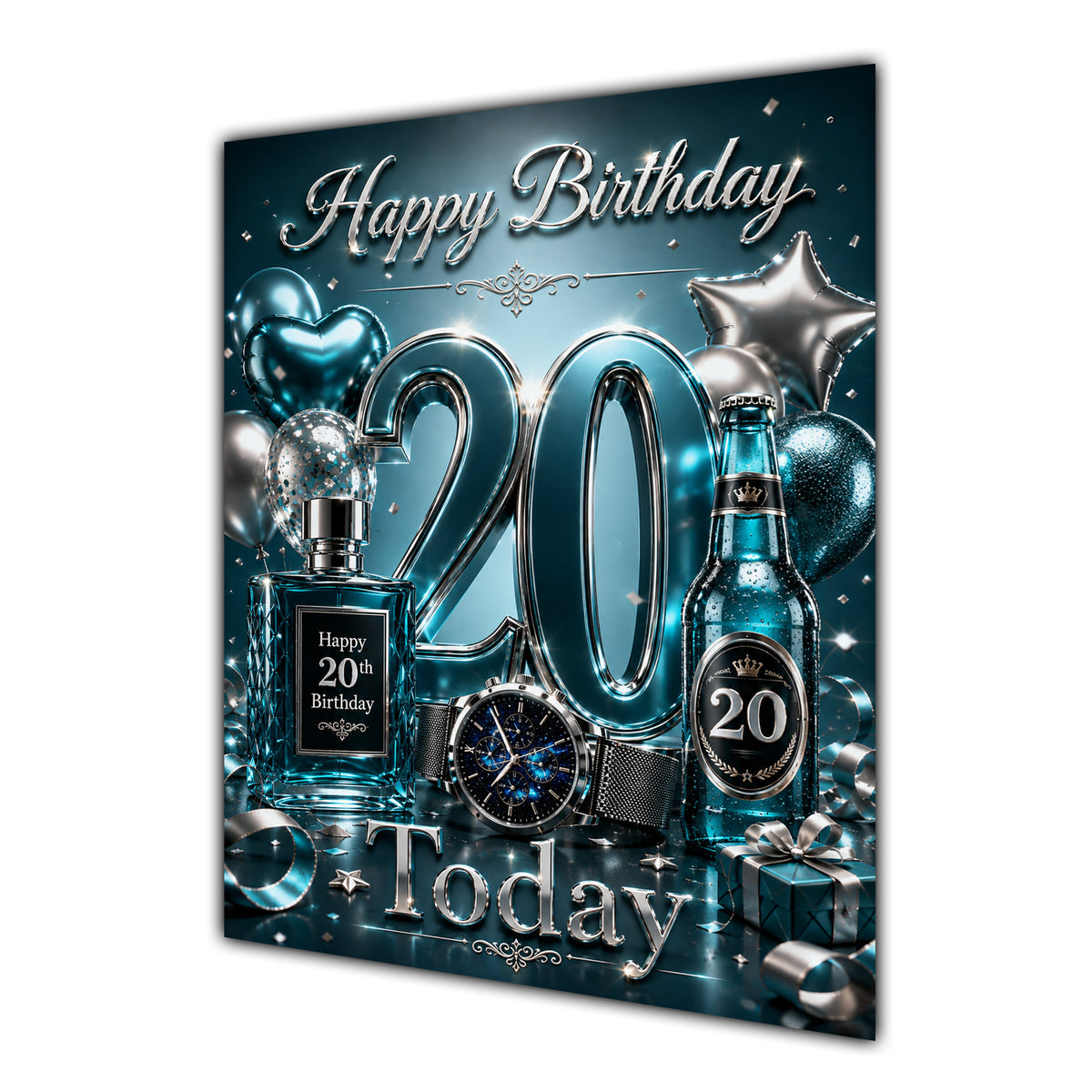 20th Birthday Card - Dark Teal and Silver Number, Watch and Bottles