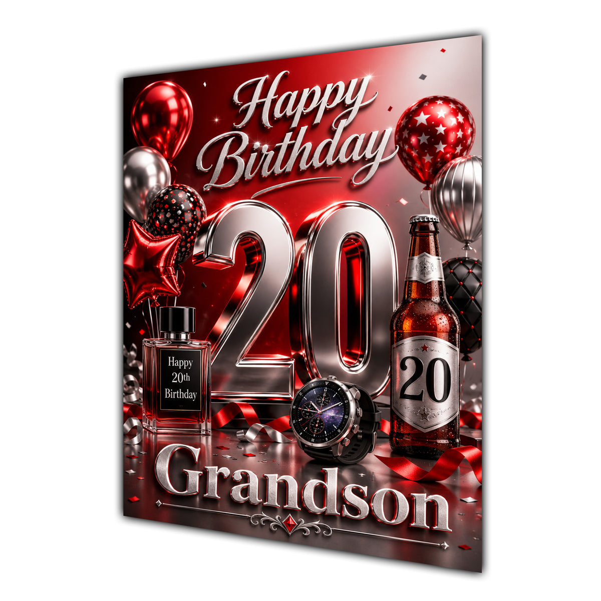 Grandson 20th Birthday Card - Red and Chrome Number, Watch and Bottles
