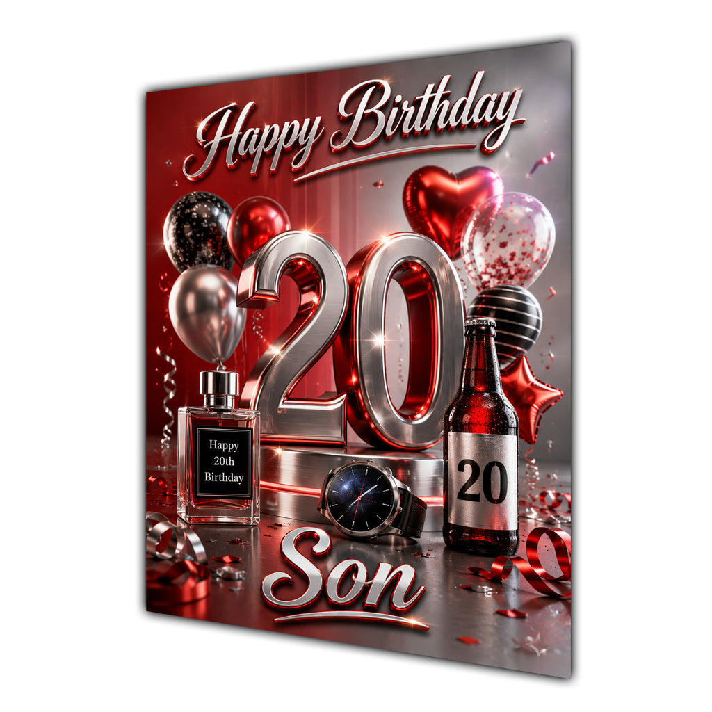 Son 20th Birthday Card - Red and Chrome Number, Watch and Bottles