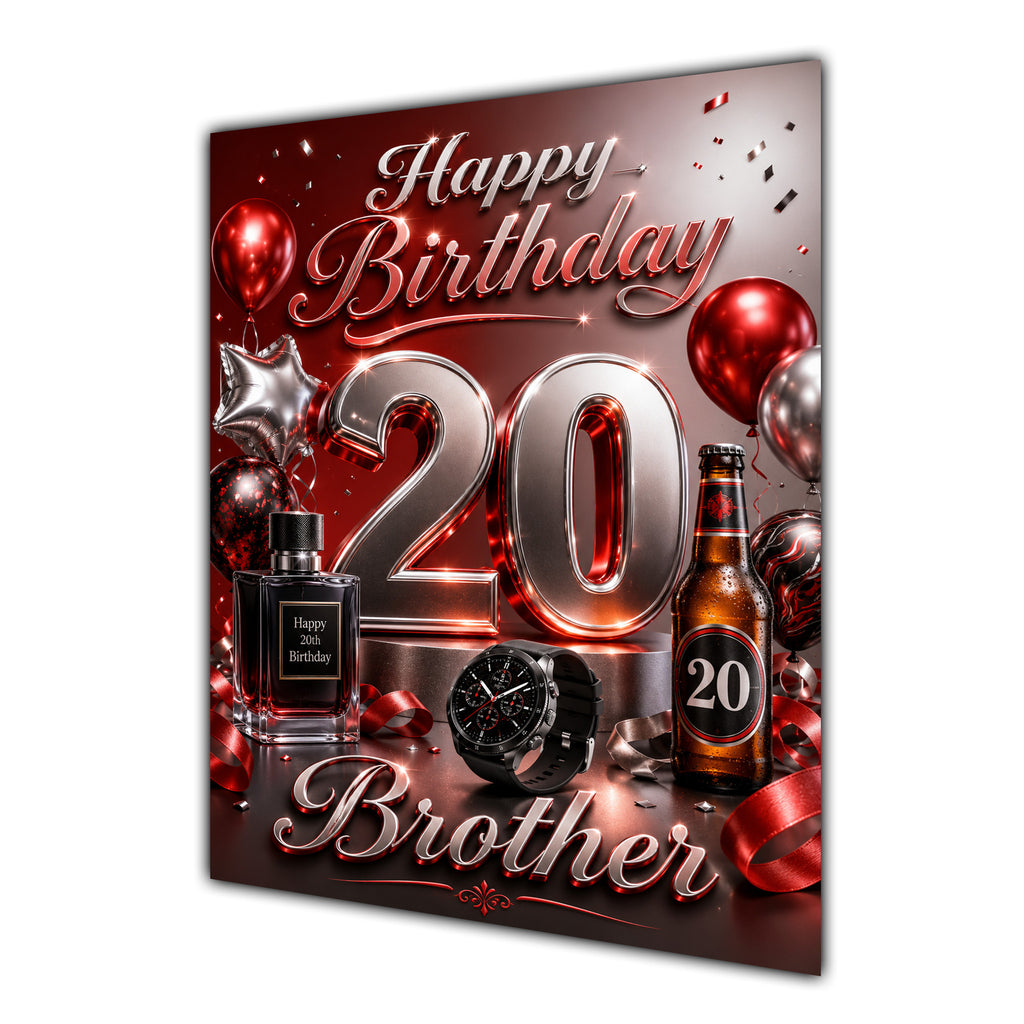 Brother 20th Birthday Card - Red and Chrome Number, Watch and Bottles