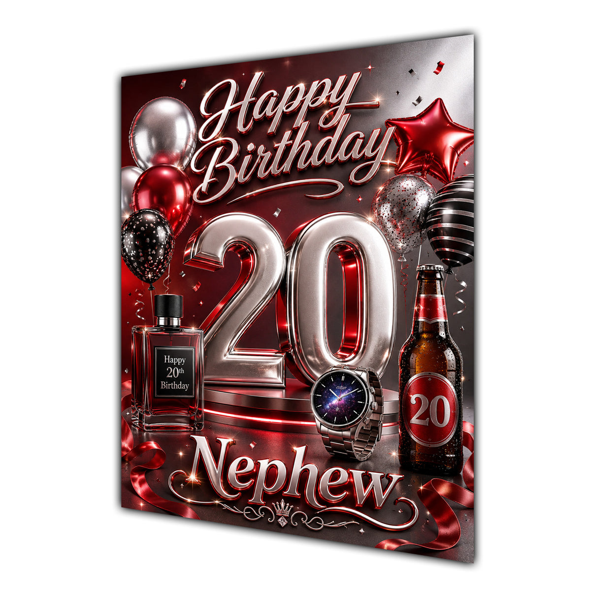 Nephew 20th Birthday Card - Red and Chrome Number, Watch and Bottles