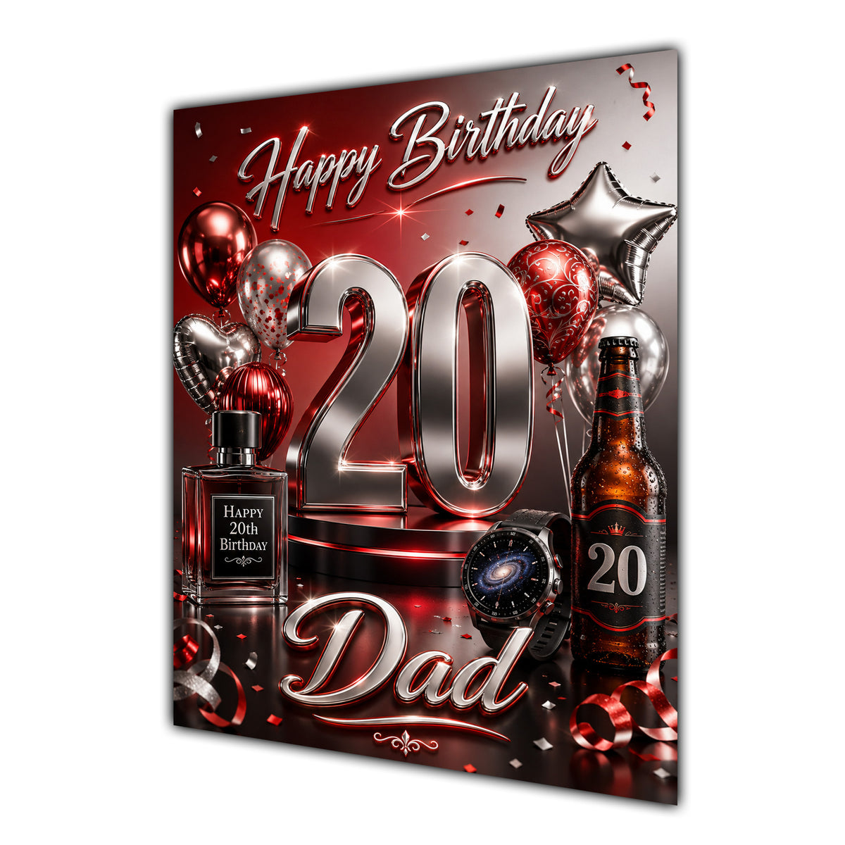 Dad 20th Birthday Card - Red and Chrome Number, Watch and Bottles