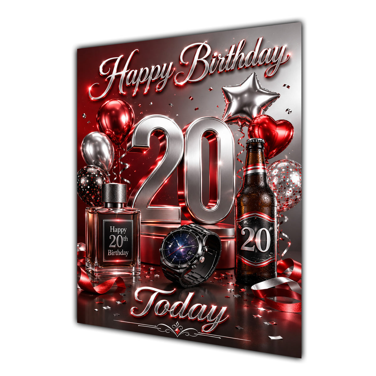 20th Birthday Card - Red and Chrome Number, Watch and Bottles