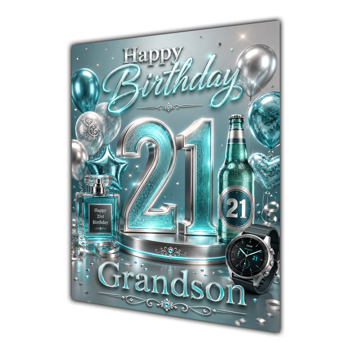 Grandson 21st Birthday Card - Turquoise and Silver Number, Watch and Bottles