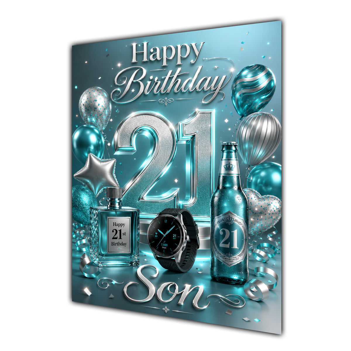 Son 21st Birthday Card - Turquoise and Silver Number, Watch and Bottles