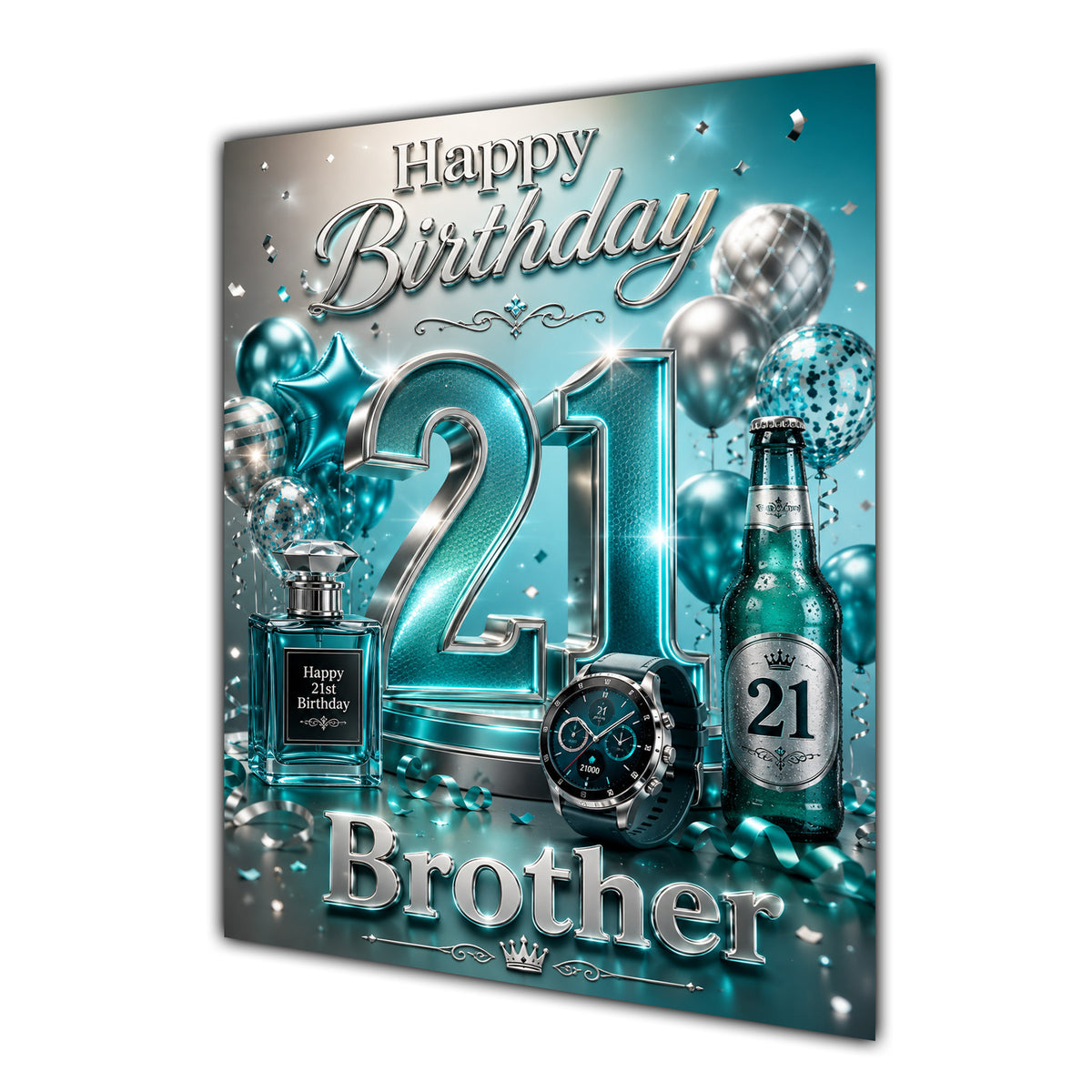 Brother 21st Birthday Card - Turquoise and Silver Number, Watch and Bottles