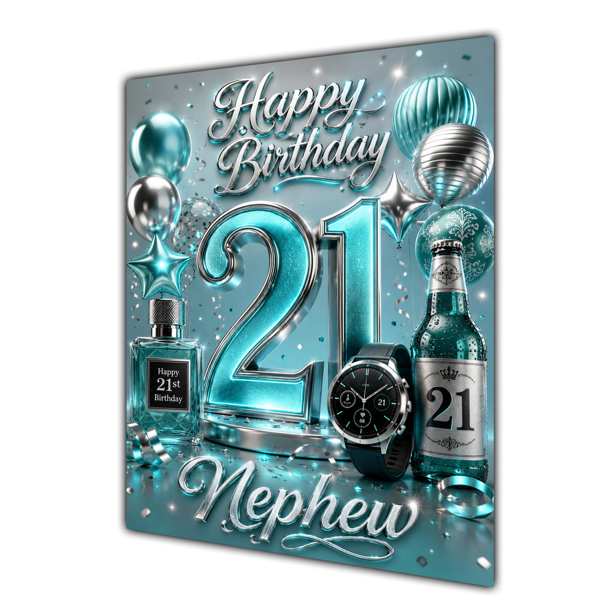 Nephew 21st Birthday Card - Turquoise and Silver Number, Watch and Bottles