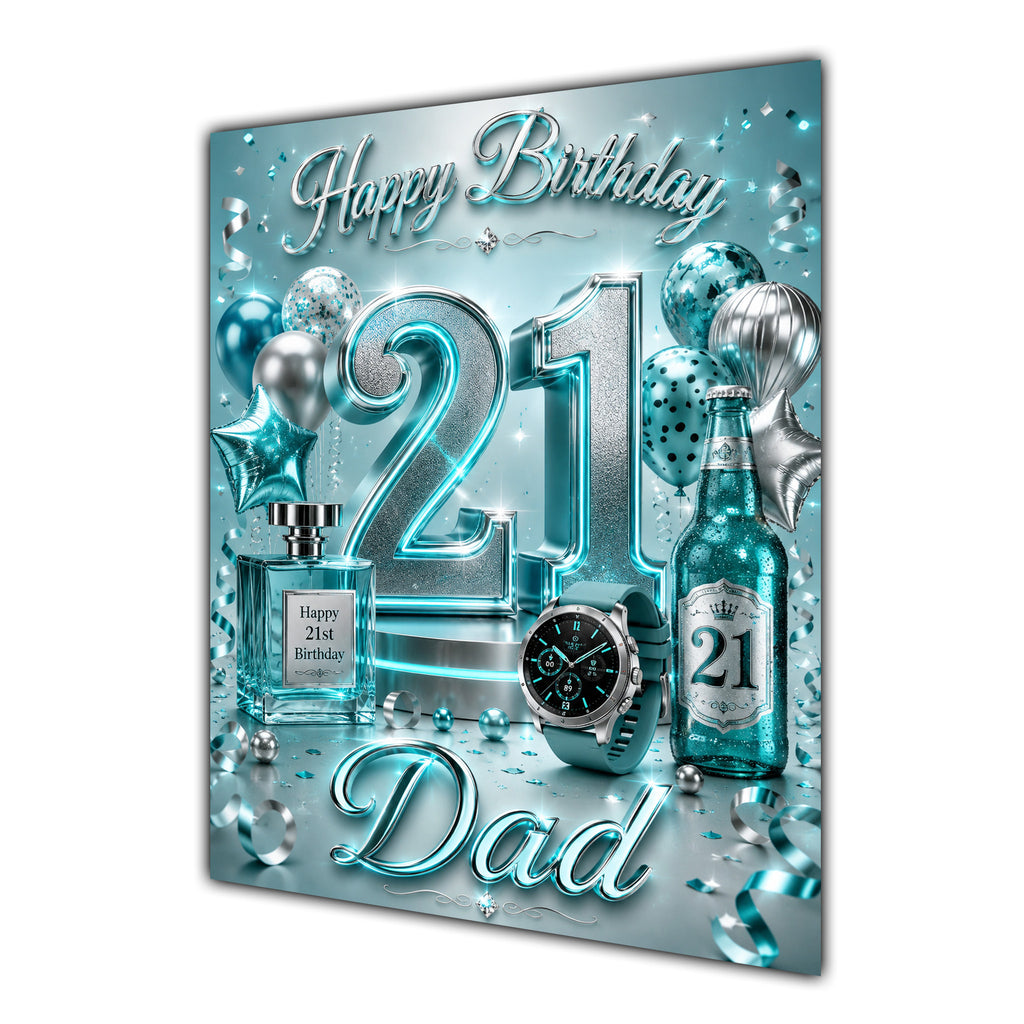 Dad 21st Birthday Card - Turquoise and Silver Number, Watch and Bottles