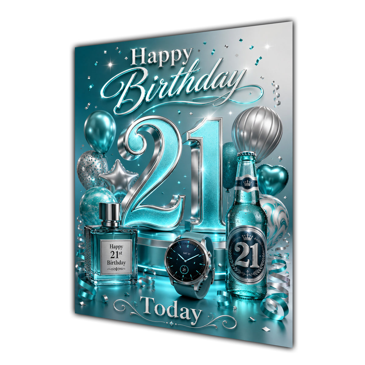 21st Birthday Card - Turquoise and Silver Number, Watch and Bottles