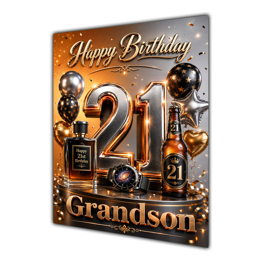 Grandson 21st Birthday Card - Orange and Black Number, Watch and Bottles