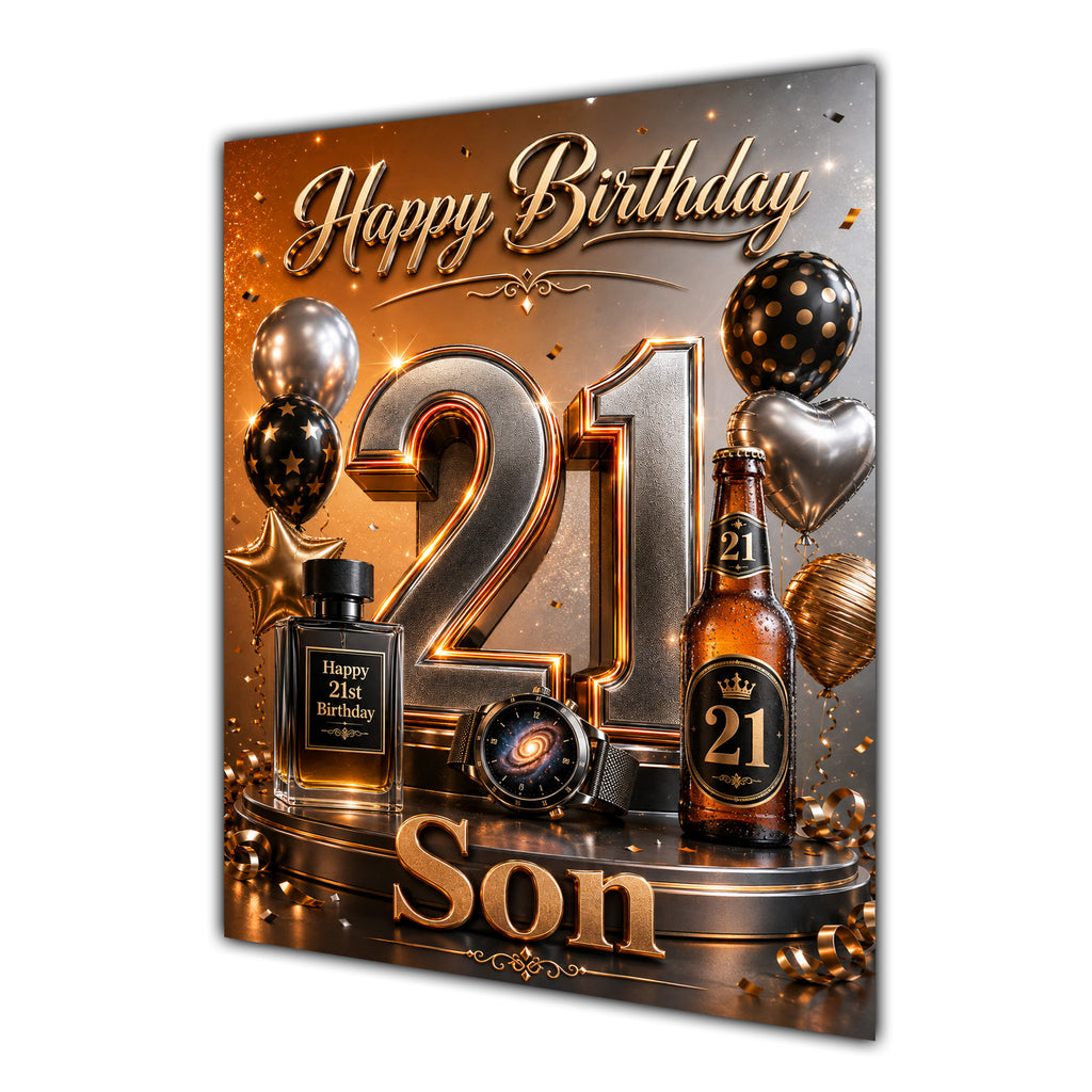 Son 21st Birthday Card - Orange and Black Number, Watch and Bottles