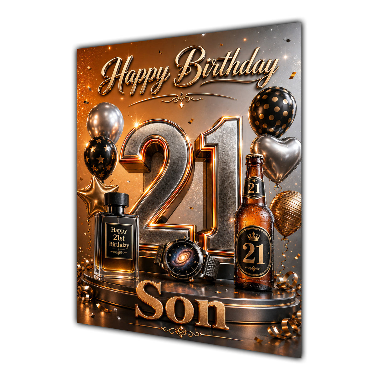 Son 21st Birthday Card - Orange and Black Number, Watch and Bottles