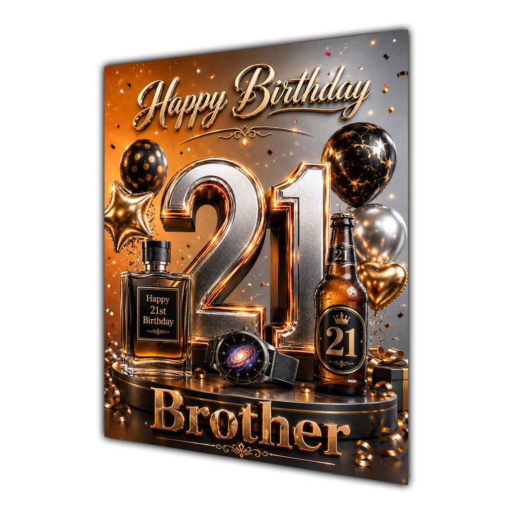 Brother 21st Birthday Card - Orange and Black Number, Watch and Bottles