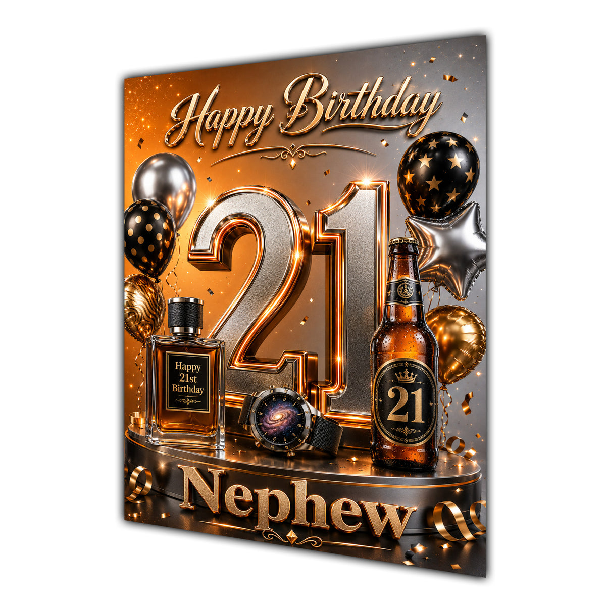 Nephew 21st Birthday Card - Orange and Black Number, Watch and Bottles
