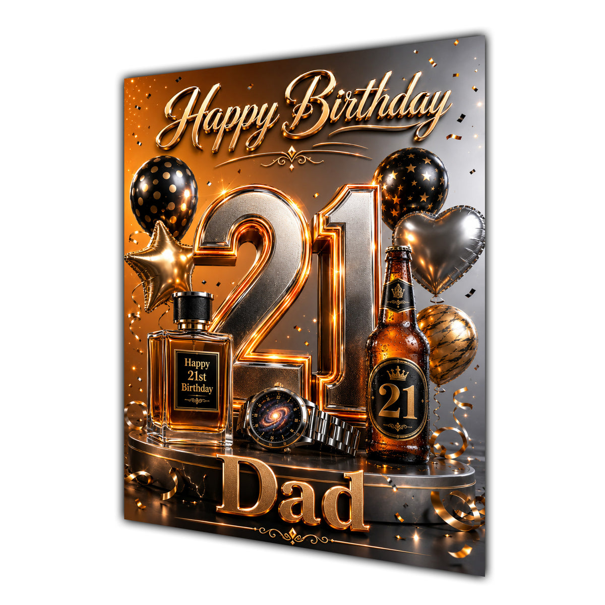 Dad 21st Birthday Card - Orange and Black Number, Watch and Bottles