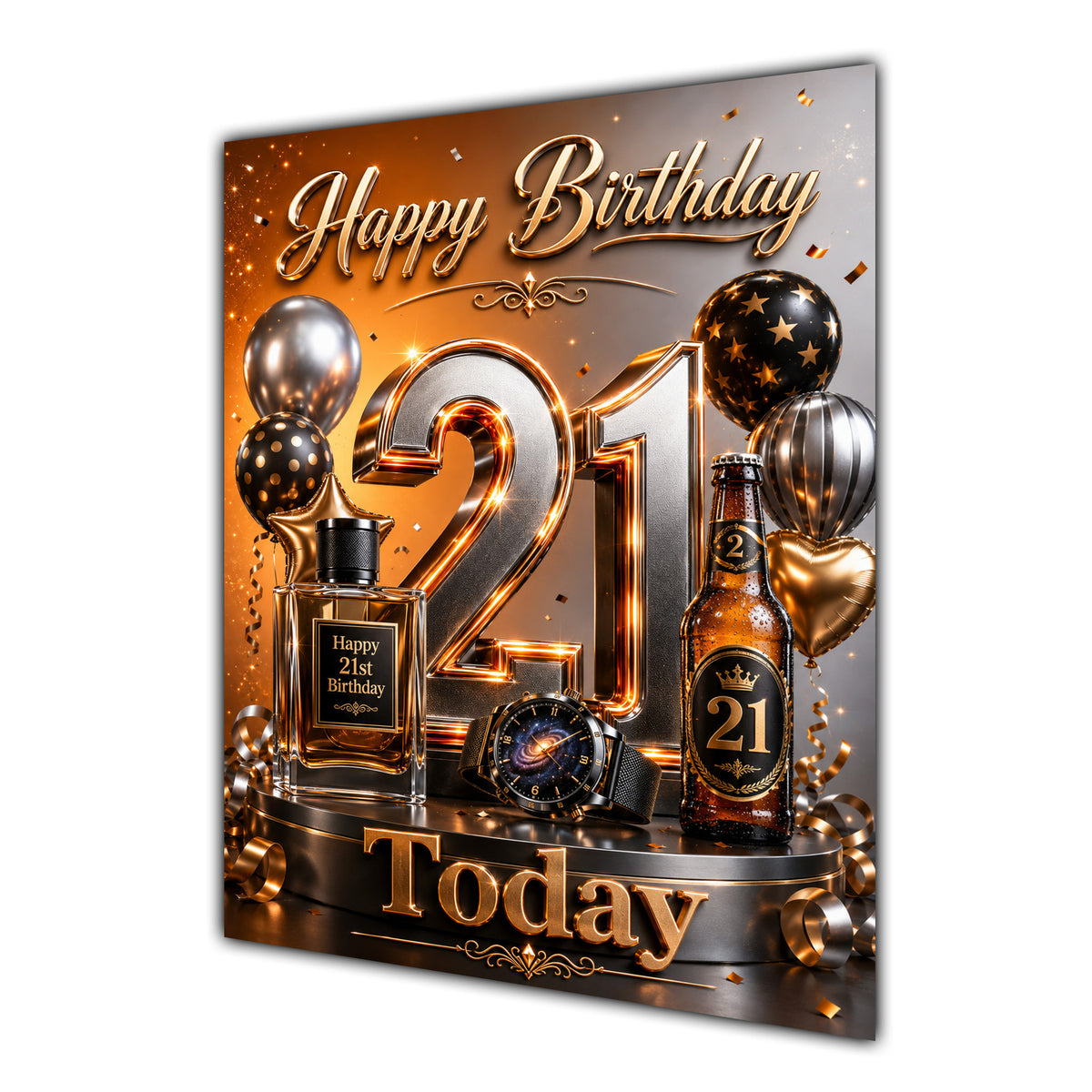 21st Birthday Card - Orange and Black Number, Watch and Bottles