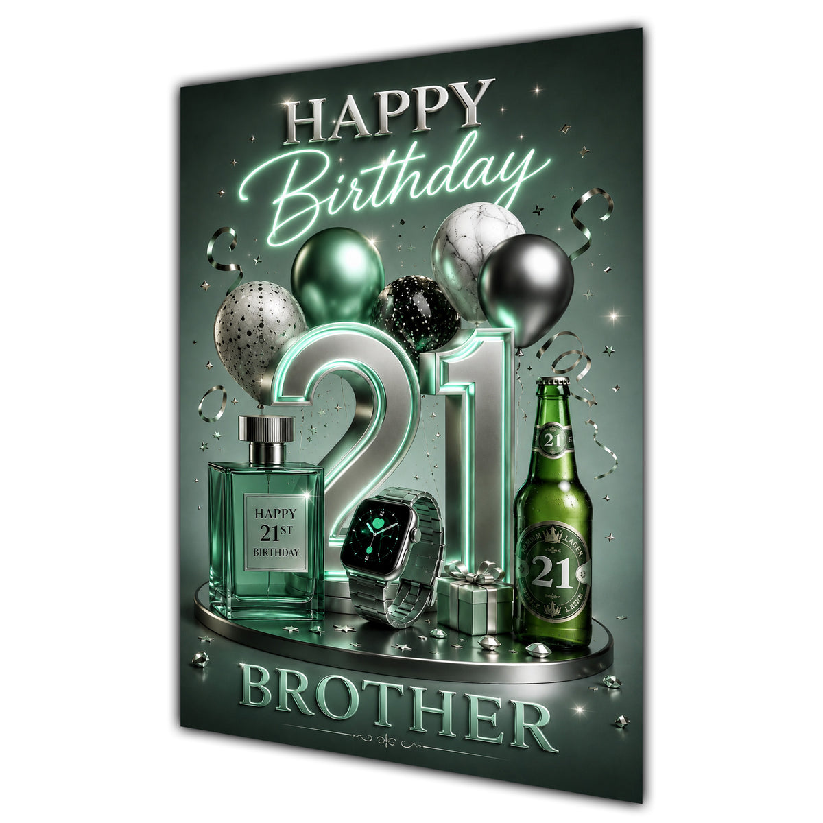 Brother 21st Birthday Card - Dark Green and Silver Number, Watch and Bottles
