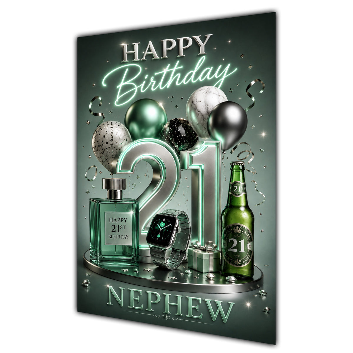 Nephew 21st Birthday Card - Dark Green and Silver Number, Watch and Bottles
