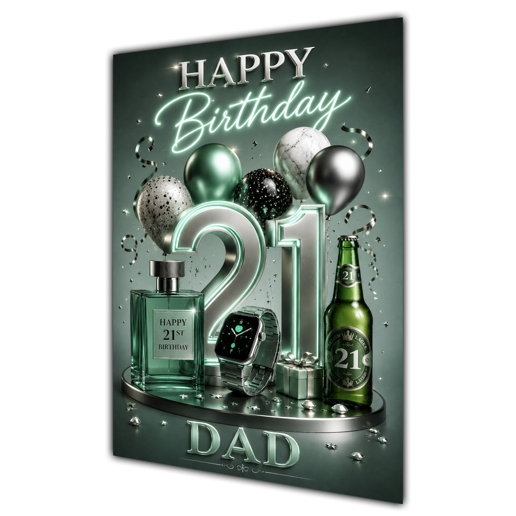 Dad 21st Birthday Card - Dark Green and Silver Number, Watch and Bottles