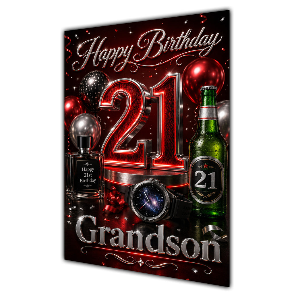 Happy Birthday Grandson 21st Red Silver Luxury Greeting Card A5