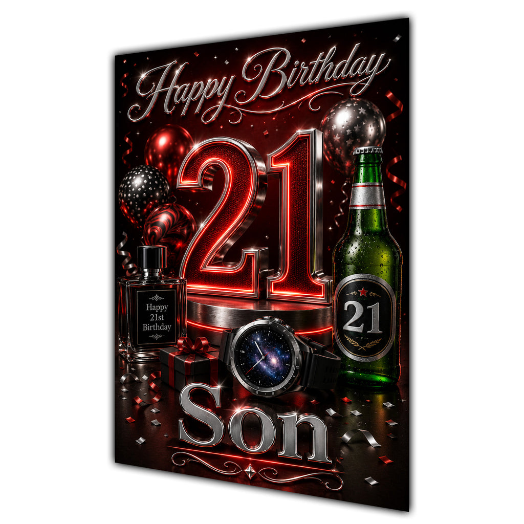 Happy Birthday Son 21st Red Silver Luxury Greeting Card A5