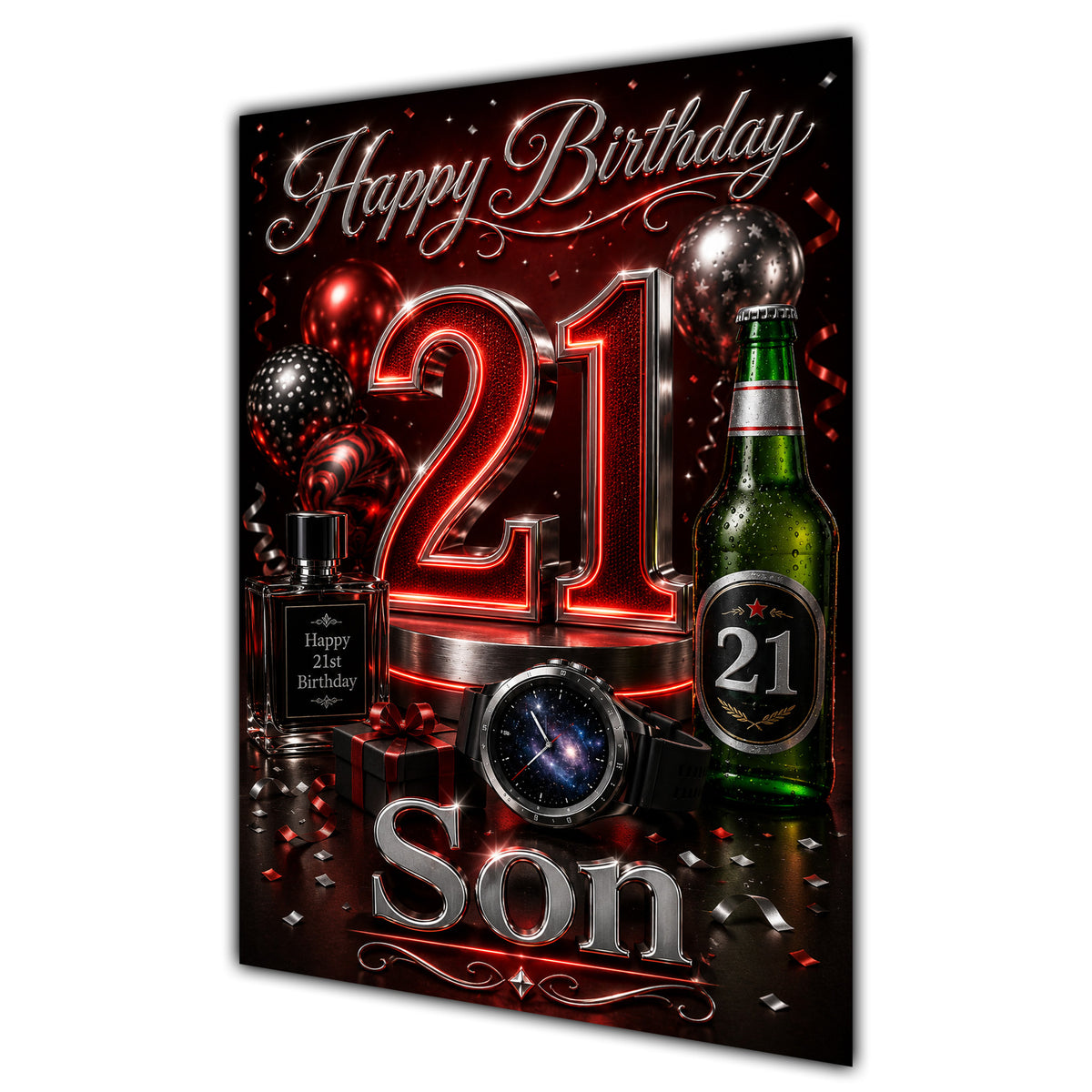 Happy Birthday Son 21st Red Silver Luxury Greeting Card A5