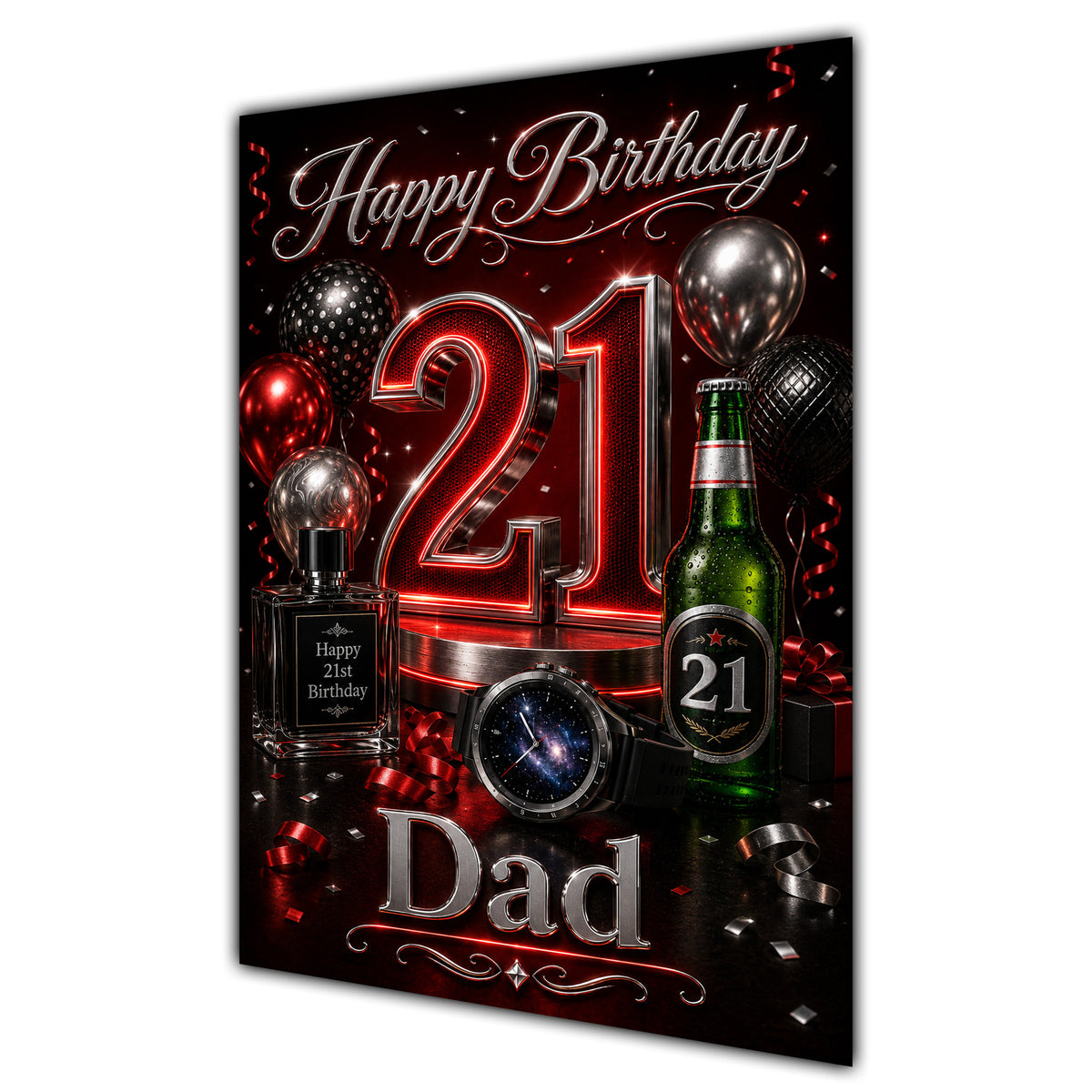 Happy Birthday Dad 21st Red Silver Luxury Greeting Card A5
