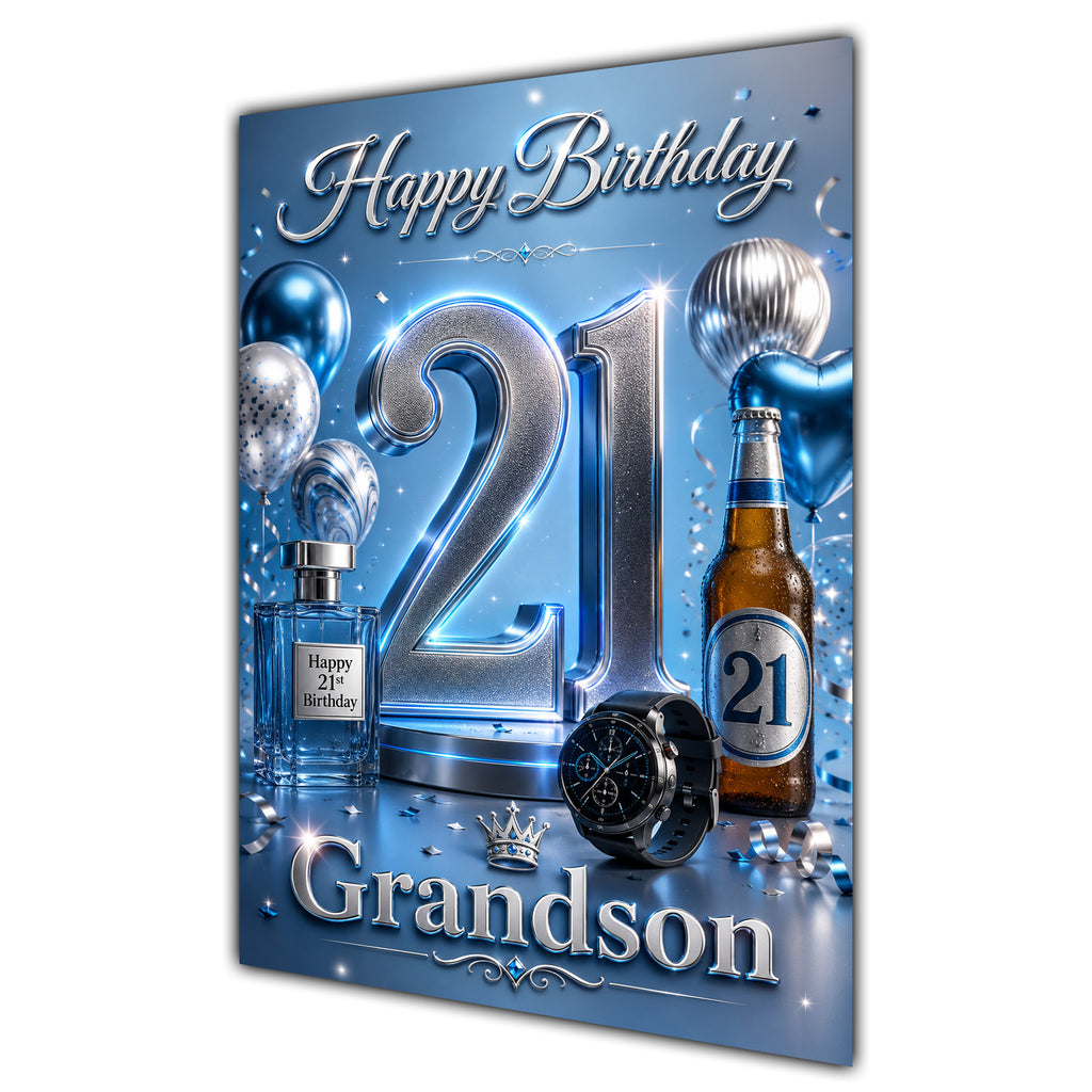 Happy Birthday Grandson 21st Blue Silver Luxury Greeting Card A5