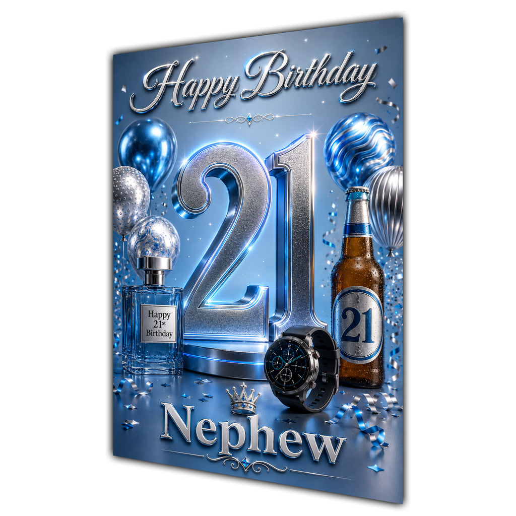Happy Birthday Nephew 21st Blue Silver Luxury Greeting Card A5
