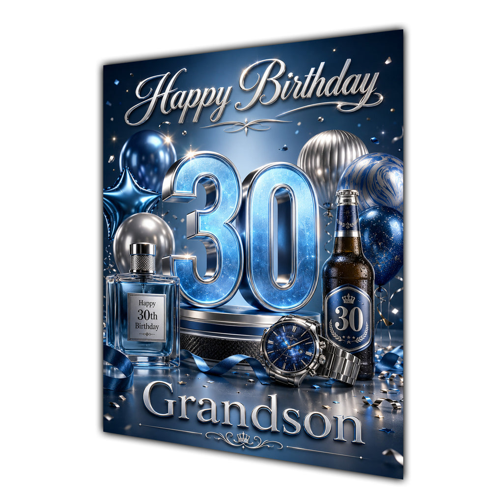 Happy Birthday Grandson 30th Blue Silver Luxury Greeting Card A5