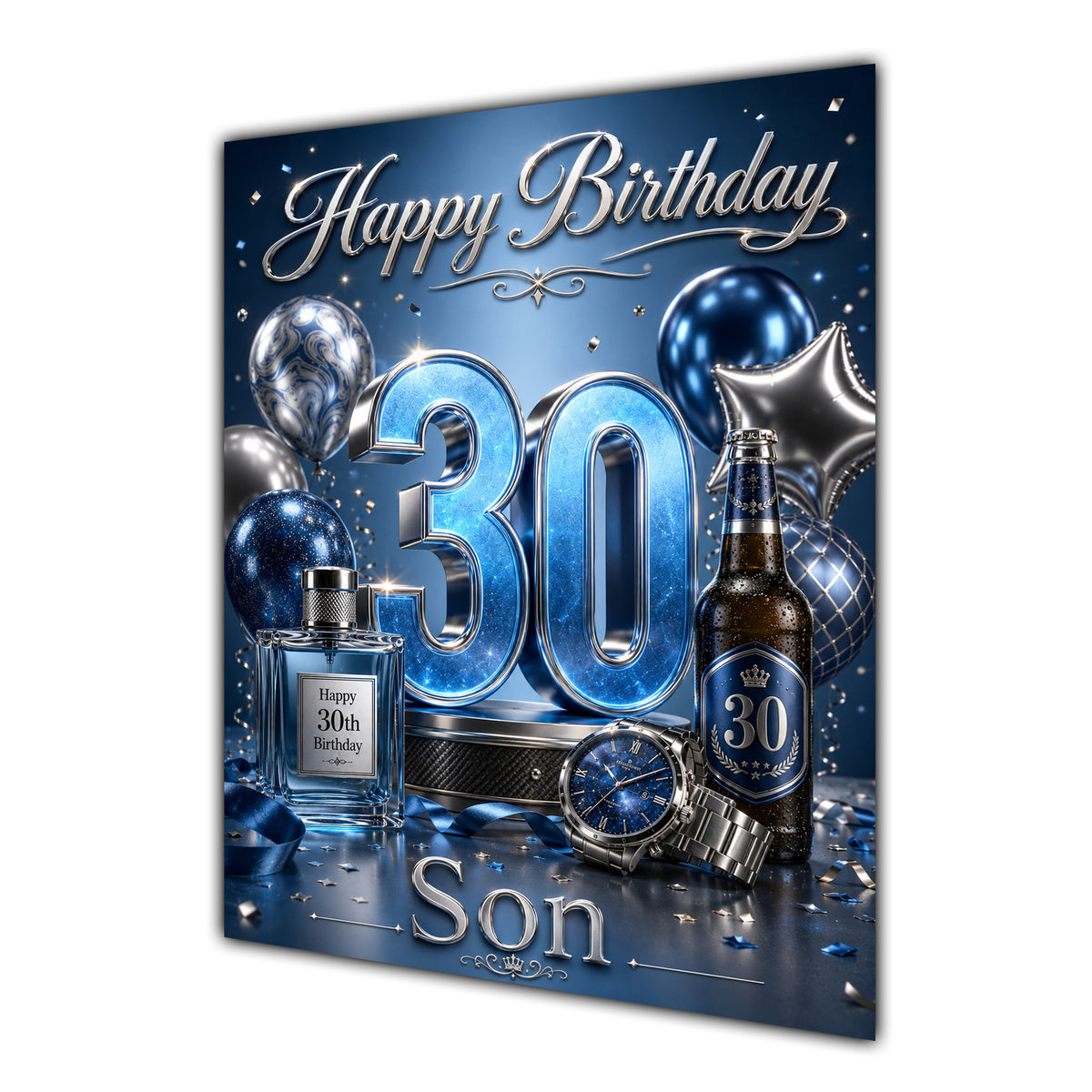 Happy Birthday Son 30th Blue Silver Luxury Greeting Card A5