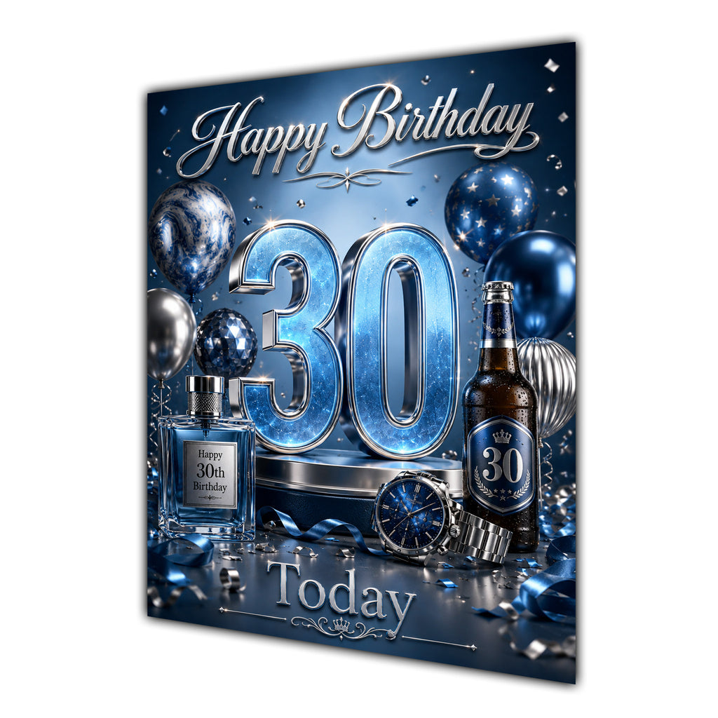 Happy Birthday 30th Blue Silver Luxury Greeting Card A5