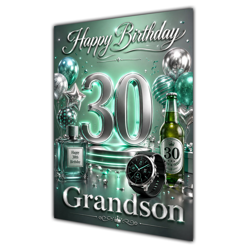 Happy Birthday Grandson 30th Mint Silver Luxury Greeting Card A5