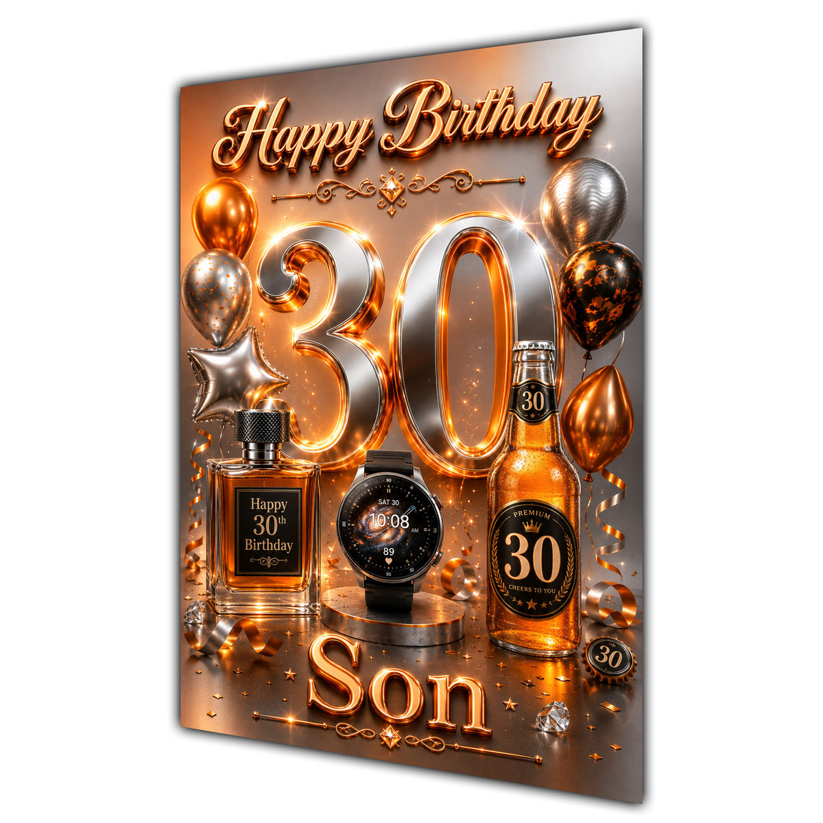 Happy Birthday Son 30th Orange Silver Luxury Greeting Card A5