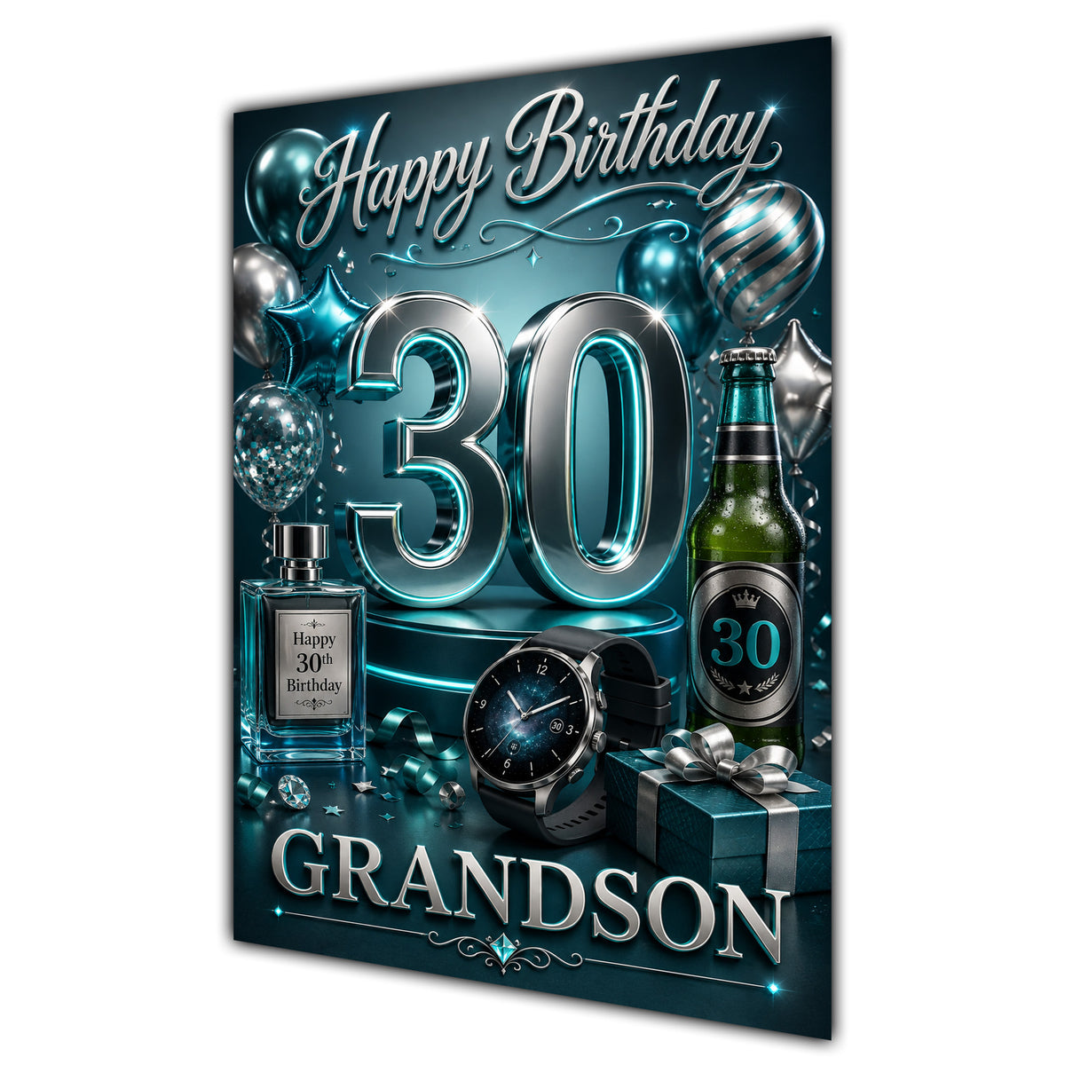 Happy Birthday Grandson 30th Aqua Silver Luxury Greeting Card A5
