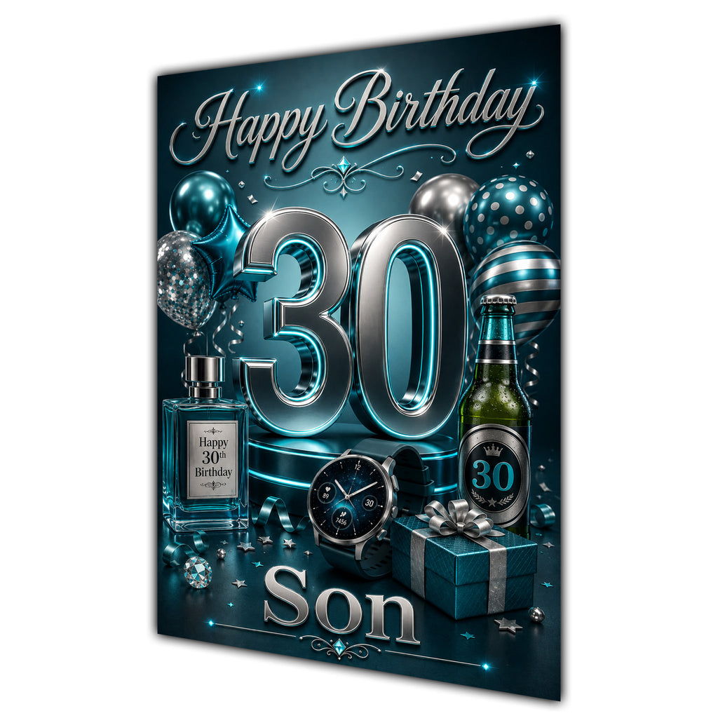 Happy Birthday Son 30th Aqua Silver Luxury Greeting Card A5
