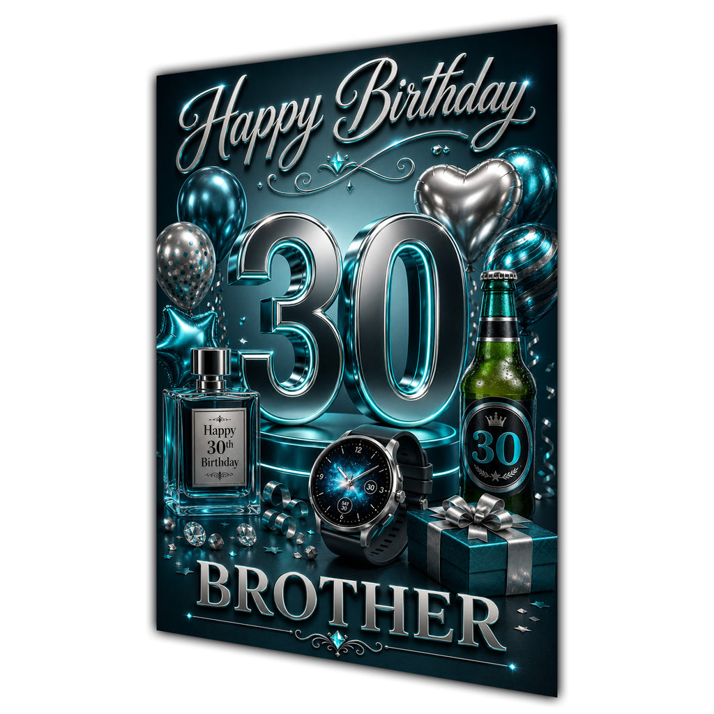 Happy Birthday Brother 30th Aqua Silver Luxury Greeting Card A5